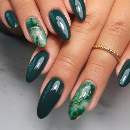 24Pcs Mid-length False Nails with Almond Head Design Brown Gold Lines Fake Nails Oval Wearable French Press on Nail Tips