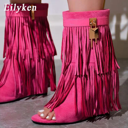 Eilyken Designer Fringe Wedges  Boot Sandals Woman High Heels Open Toe Party Prom Shoes 2025 Sexy Zipper Female Pumps