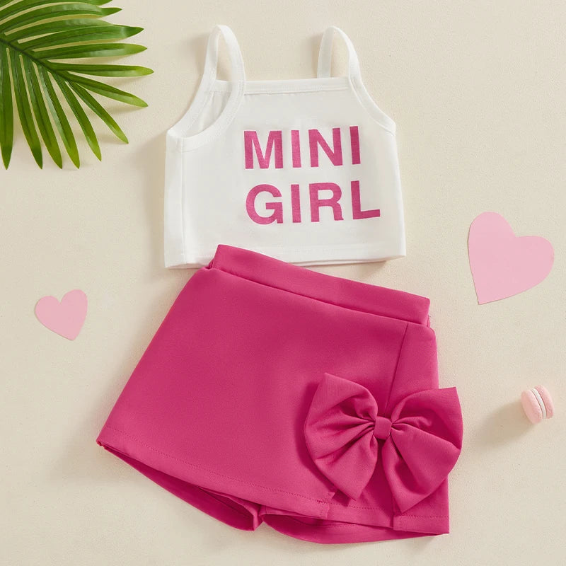 1-4years Girl Summer Clothes Set Letter Print Cami Tops With Bow Skirt Shorts Girls 2pcs Outfit