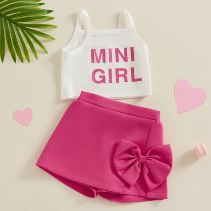 1-4years Girl Summer Clothes Set Letter Print Cami Tops With Bow Skirt Shorts Girls 2pcs Outfit