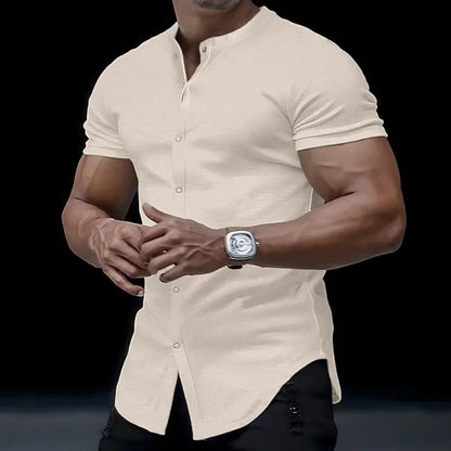 2025 Fashion Men's Stand Collar Short-sleeved Shirts Summer Solid Slim Casual Cardigan Versatile T-shirts Social Blouses for Men