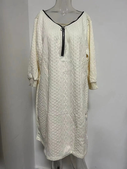 Plus Size NewAutumn and Winter Solid Color V-Neck Zipper Knitted Half-Sleeved Dress