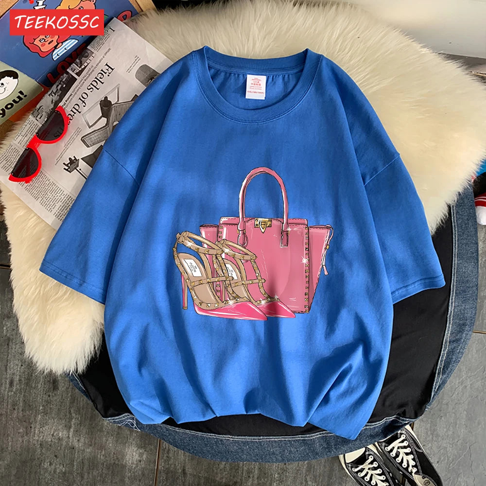 Fashionable Bags And Pink High Heels Print Men Tees Graphic Art T-Shirts High-Quality Cotton Tee Shirt Cotton Loose Clothing