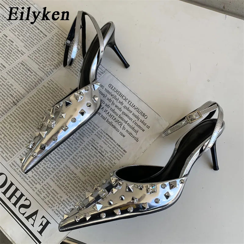 Newly Design Rivet Pointed Toe Women Pumps Sandals Sexy Buckle Strap Strippers Party High Heels