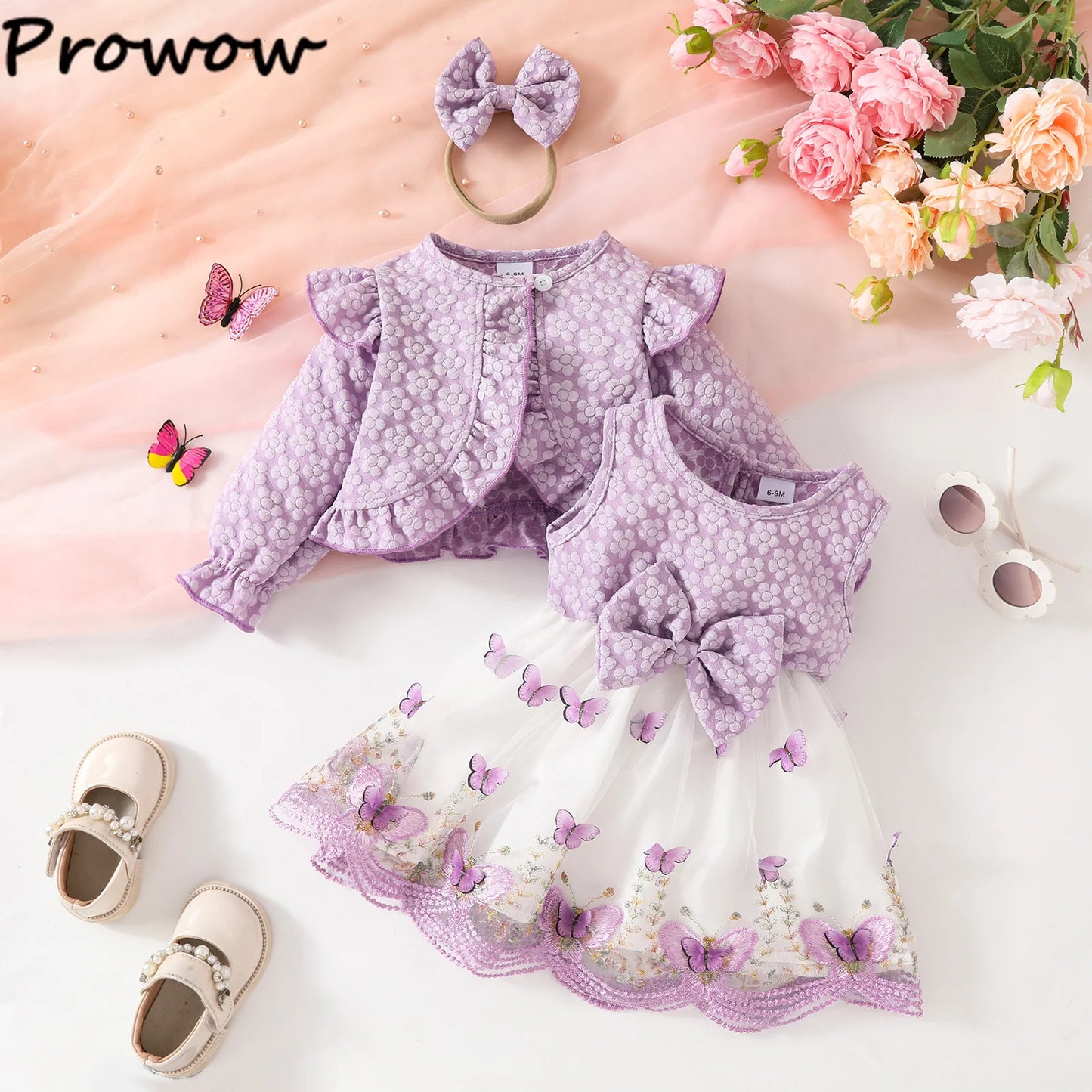 Baby Dresses Birthday Party Costume Pink Jacquard Cardigan Coat and Lace Butterfly Dress For Girls Newborns Infants Clothes