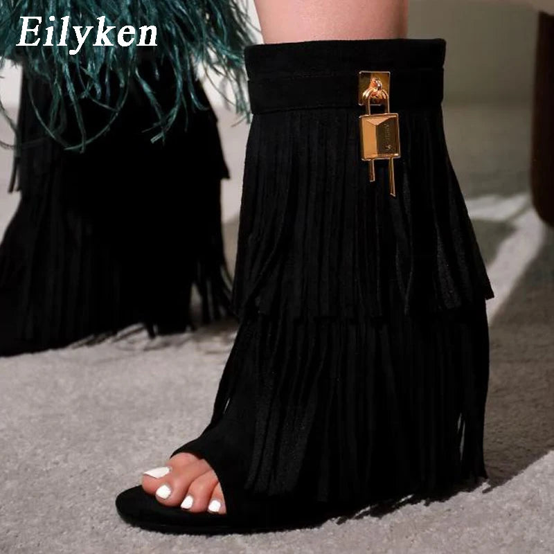 Eilyken Designer Fringe Wedges  Boot Sandals Woman High Heels Open Toe Party Prom Shoes 2025 Sexy Zipper Female Pumps