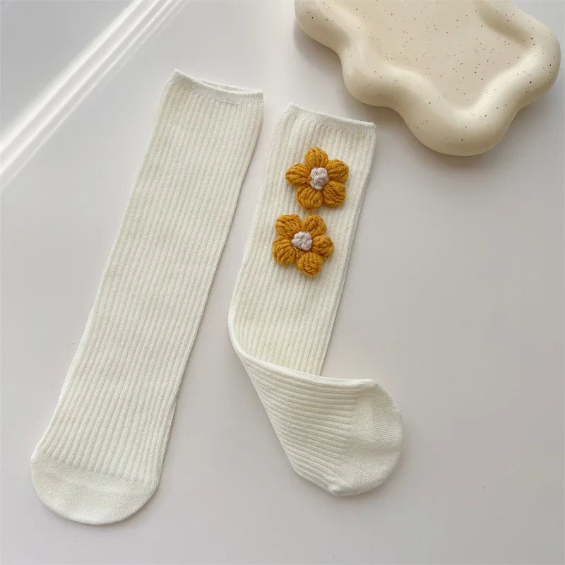Kids Girls Socks Cotton Flower Knee High Children's Socks For Girls Winter Warm Knitted Baby Stocking Age for 0-7Years