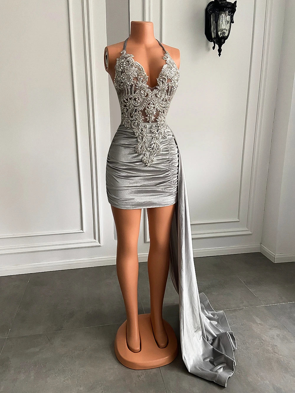 New Arrival V-neck Sheer Beaded Embroidery Women Birthday Party Gowns Silver Velvet Sequined Black