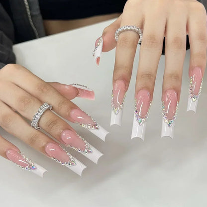 24Pcs White French False Nails Long Ballet Fake Nail with Pearl Bow Flower Design Press on Nails Pink Wearable Square Nails Set