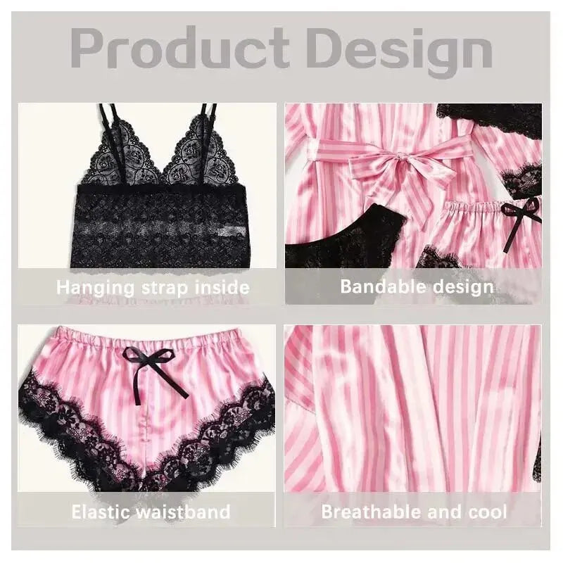 Comfortable Nightwear Lace Satin With Silk Sleepwear Robe Sexy Pajama Pants