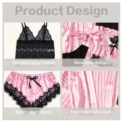 Comfortable Nightwear Lace Satin With Silk Sleepwear Robe Sexy Pajama Pants