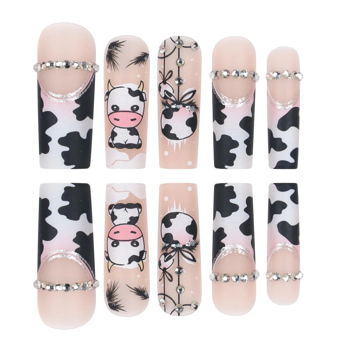 24 Pieces of Long Coffins with Cow Patterns, French Pattern, Diamond Frosted Fake Nails&1 Nail File and 1 Fruit