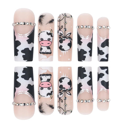 24 Pieces of Long Coffins with Cow Patterns, French Pattern, Diamond Frosted Fake Nails&1 Nail File and 1 Fruit