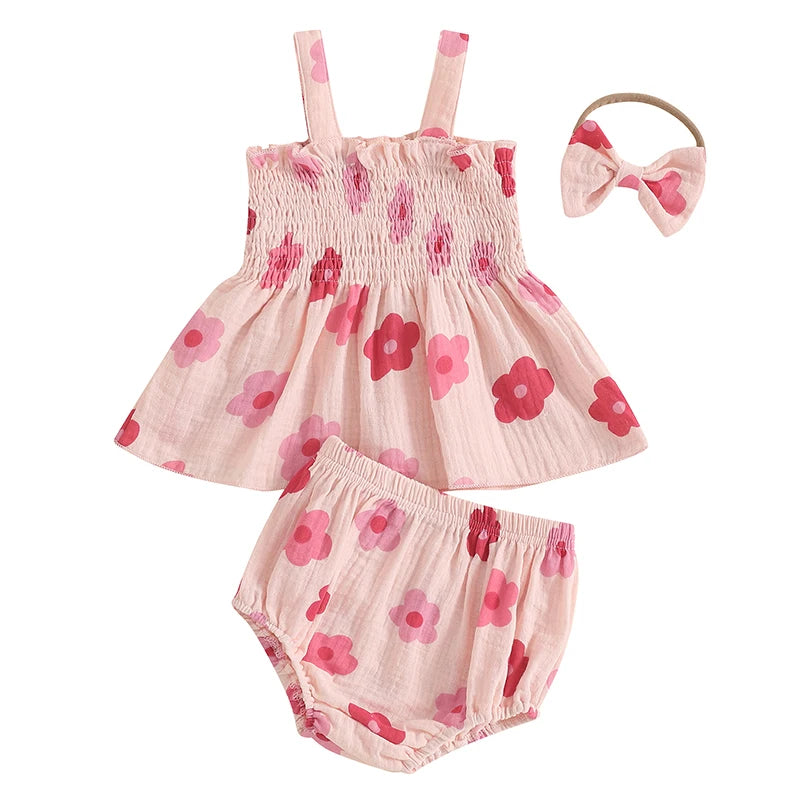 Summer Newborn Baby Girls Clothes Sets Floral Print Sleeveless Ruched Ruffles Tanks Tops+Shorts Bottoms Holiady Beach Outfits
