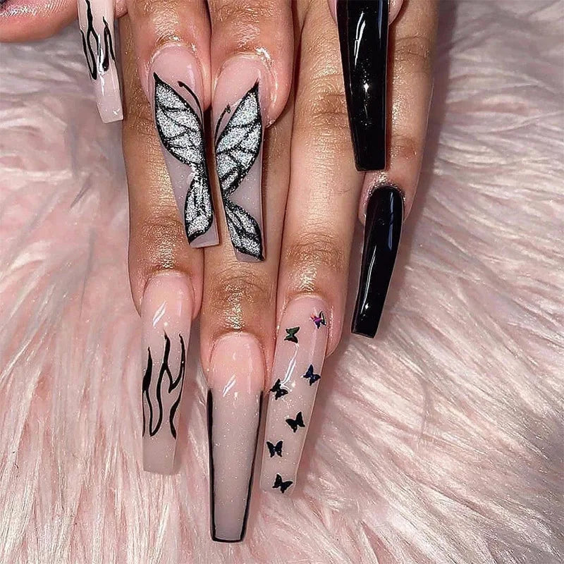 24Ps Super Long Ballet Wearable Fake Nails Blue Diamond Small Flower Press on Nail Stickers Finished Removable False Nail Pieces