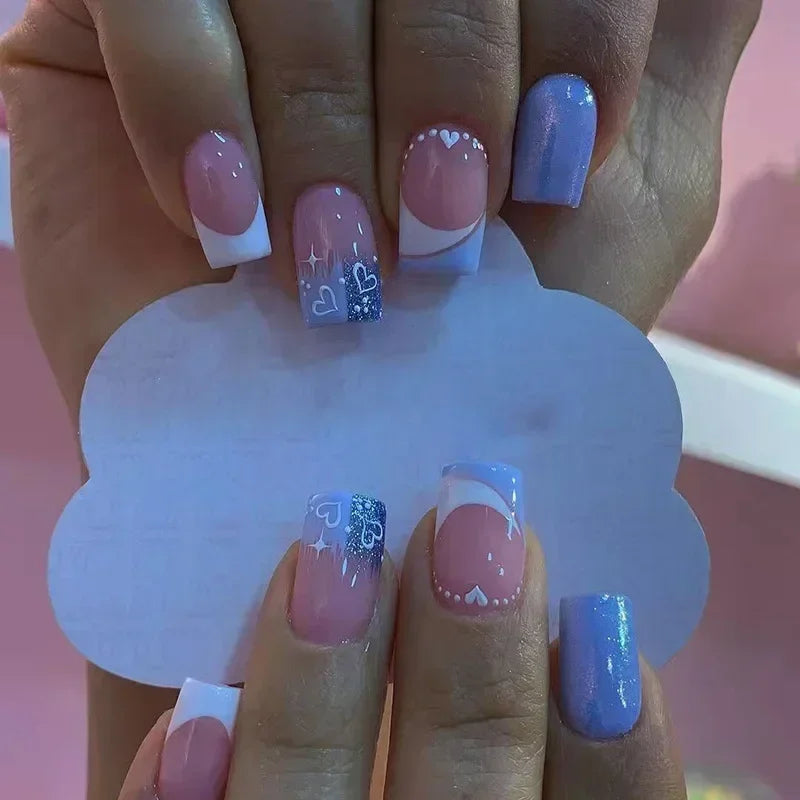 24Pcs Medium Short Square False Nails Glittering Nail Art White Wearable Fake Nail Silver French Full Cover Press on Nail Tips