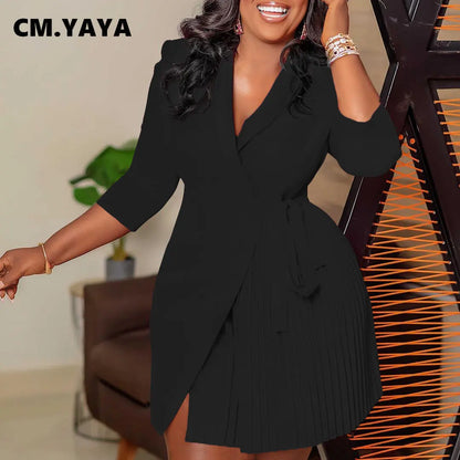 Women Lace Wrap Notched Neck Pleated Blazer Style Dress