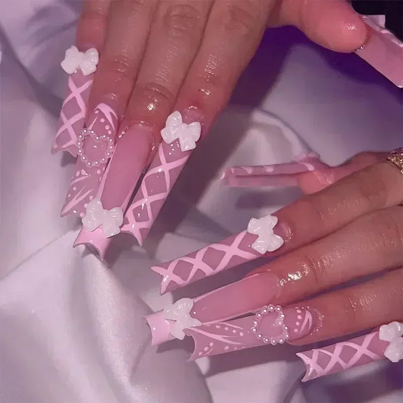 24Pcs Full Cover False Nails with Glue Long Square Coffin Fake Nails French Detachable Ballet Love Pattern Design Press on Nails