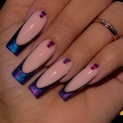 24Pcs Red Heart False Nails Long Luxury with French Design Rhinestone Wearable Fake Nail Simple Decoration Press on Nail Tips