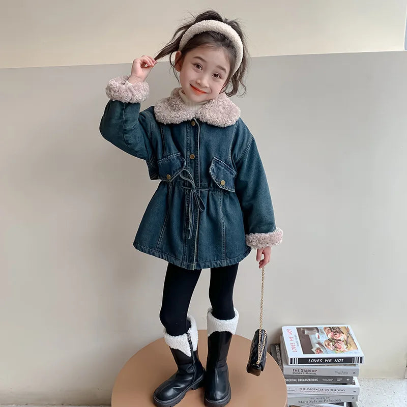 Winter Girls Jacket Kids Baby Girl Thicken Warm Fleece Velvet Coat Children Girl Denim Parkas Outerwear Jackets Clothes 2-8yrs
