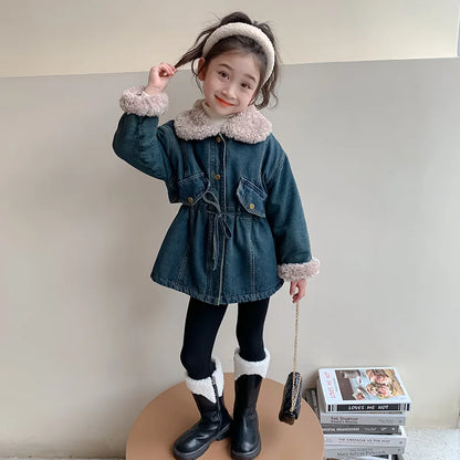 Winter Girls Jacket Kids Baby Girl Thicken Warm Fleece Velvet Coat Children Girl Denim Parkas Outerwear Jackets Clothes 2-8yrs