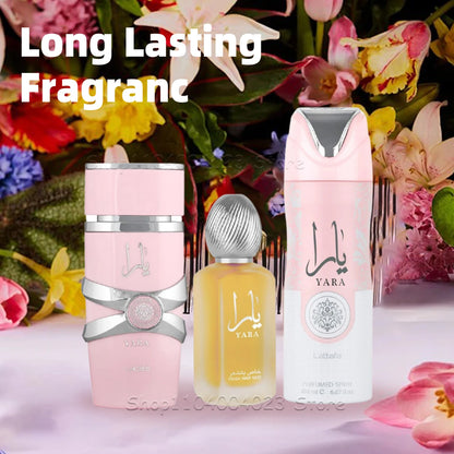 Lattafa Yara For Women 3Piece Set 3.4 Oz Eau de Parfum Spray + 1.7 Oz Hair Mist + 6.7 Oz Deodorant Spray Sweet Pheromone Perfume