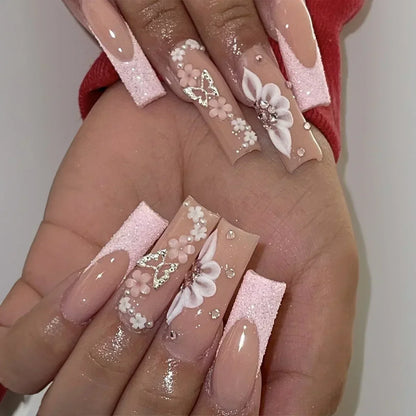 24Pcs White French False Nails Long Ballet Fake Nail with Pearl Bow Flower Design Press on Nails Pink Wearable Square Nails Set