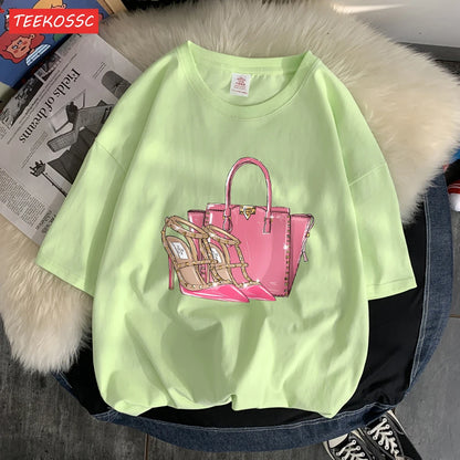 Fashionable Bags And Pink High Heels Print Men Tees Graphic Art T-Shirts High-Quality Cotton Tee Shirt Cotton Loose Clothing