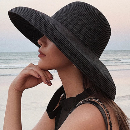 2024 New Summer Sun Hats Ladies Solid Plain Elegant Wide Brim Hat Female Round Top Panama Floppy Straw Beach Hat Women лето