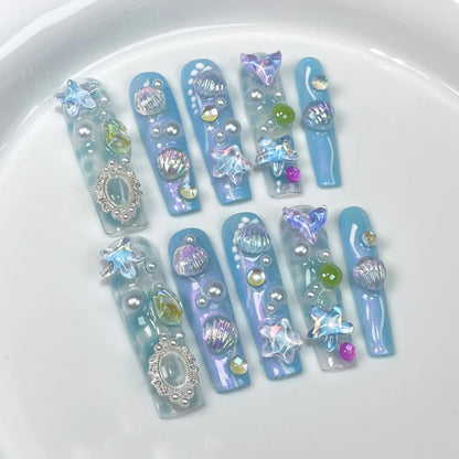 10Pcs Blue Handmade Press on Nails False Nails 3D Ocean Flower Full