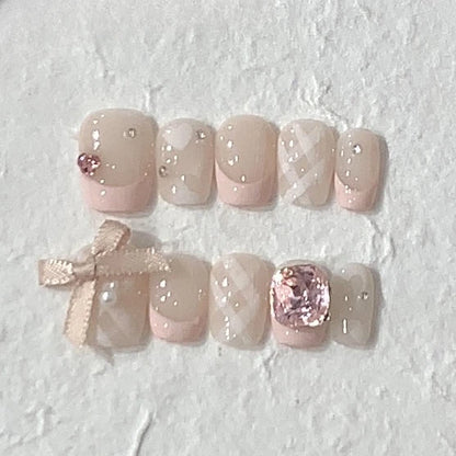 10Pcs Short Round Handmade Press On Nails Full Cover Peach Pink