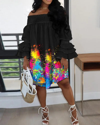 Chic Women Cascading Ruffles Petal Off Shoulder Long Sleeve Smock Dress Big Swing Loose Blouse