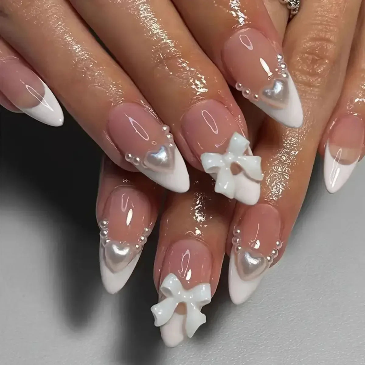 24Pcs Pink Almond French Press on Nails With 3D Bow ripple charms Design Fake Nails Ballerina False Nails Full Cover Nail Tips