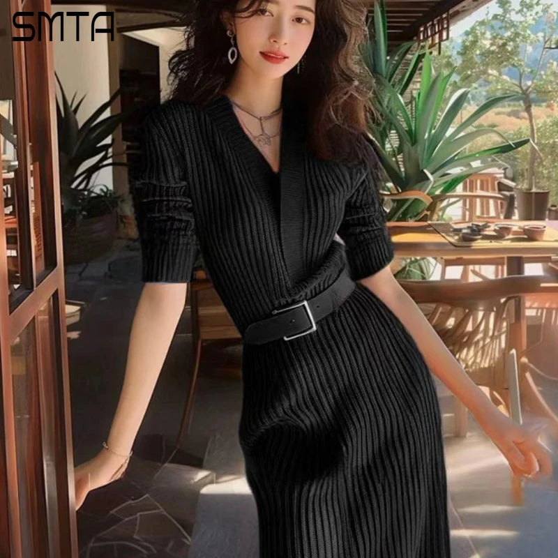 Red Knitted Sweater Dresses for Women V-Neck Long Sleeve Belted Night Club Party Dress Autumn