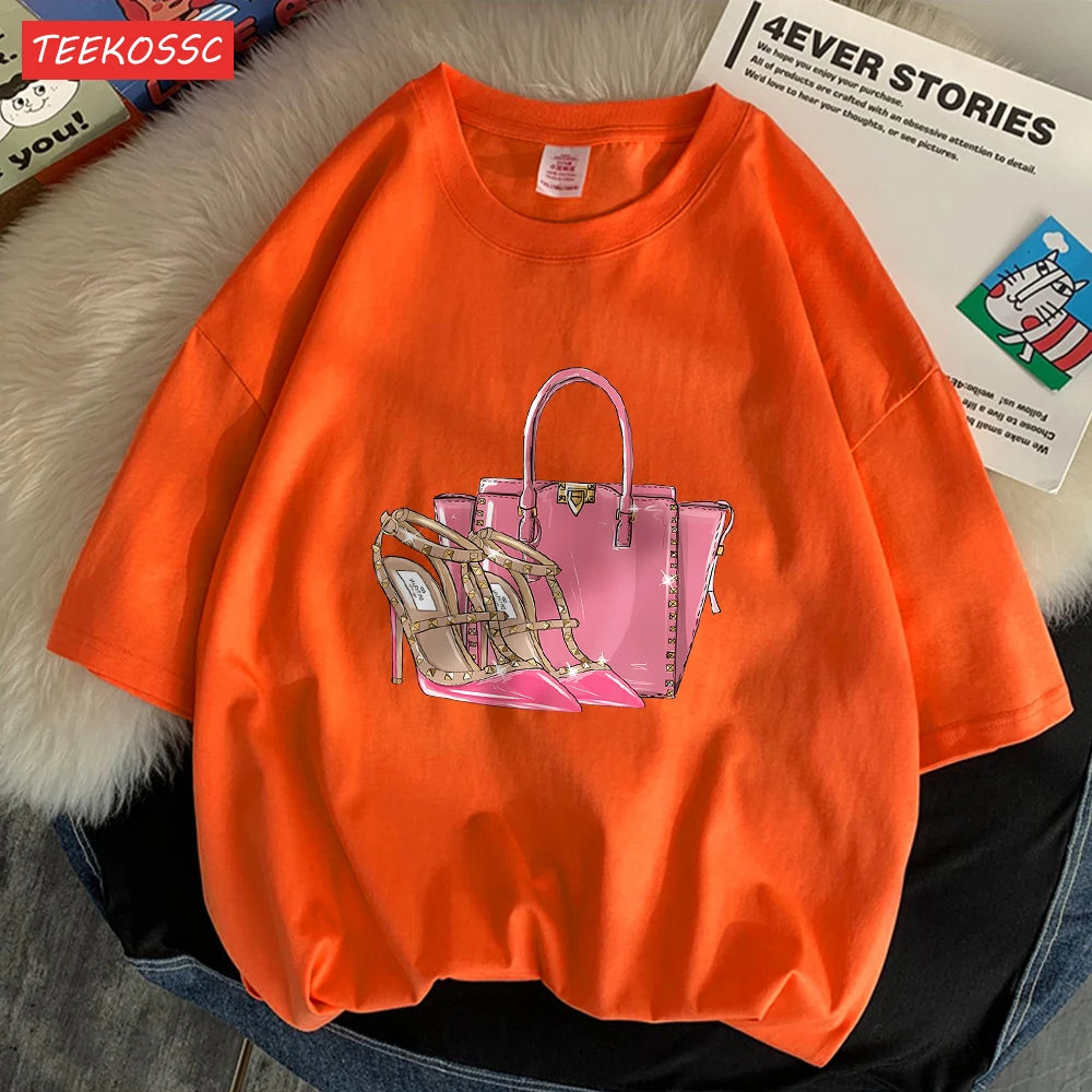 Fashionable Bags And Pink High Heels Print Men Tees Graphic Art T-Shirts High-Quality Cotton Tee Shirt Cotton Loose Clothing