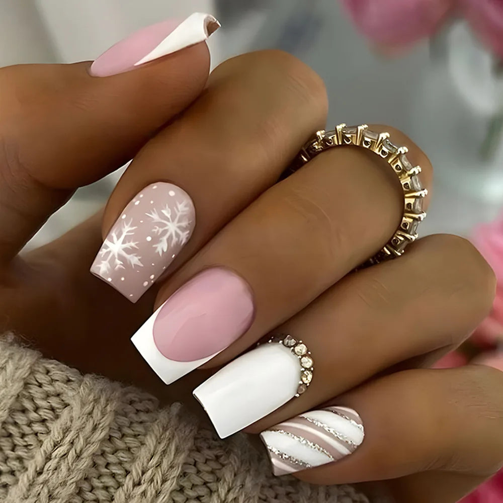 24Pcs Short Square Nude Fake Nails Art White Edge Glossy Artificial French False Nails Removable Full Cover Press on Nail Tips