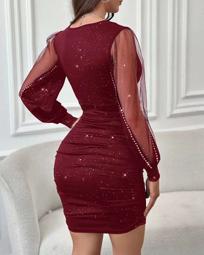 Summer Sexy Plunge Sheer Mesh Patch Glitter Bodycon Mini Dress
