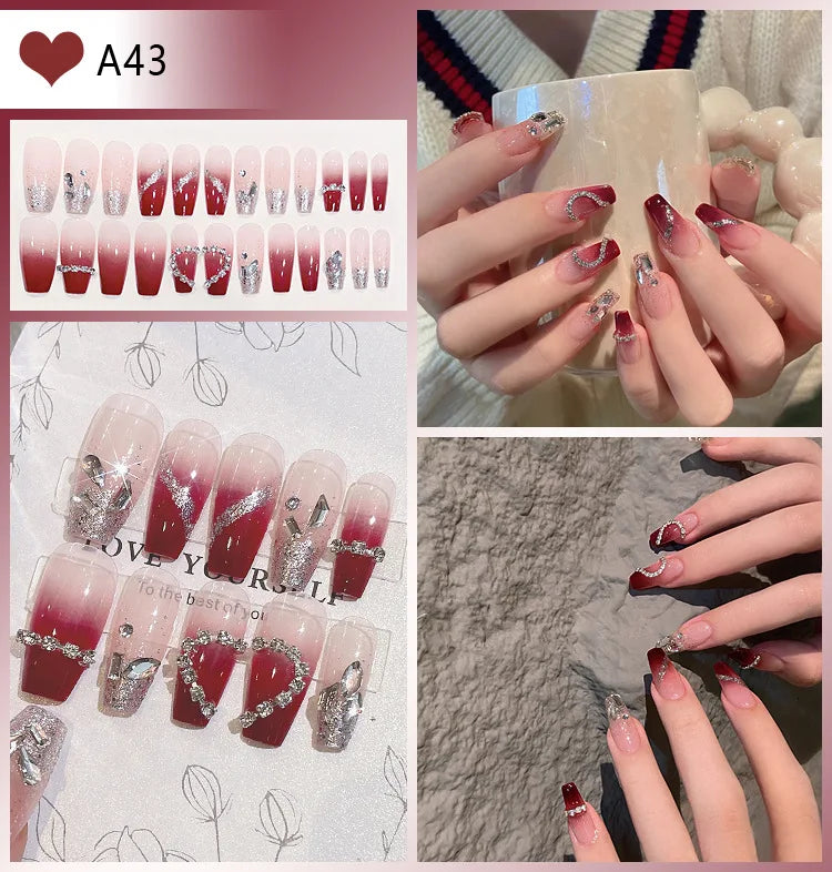 24pcs Luxury Mid-Long Ballet False Nails Set Glittering Rhinestone+Handmade Flowers Press-on Fake Nail Glossy Patch For Bridal