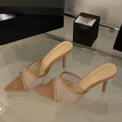 Aneikeh Pointed Toe Mesh Rhinestone Slippers Elegant Woman Heels Outdoor Summer Mules Stiletto Heels Sandal Chanclas Mujer