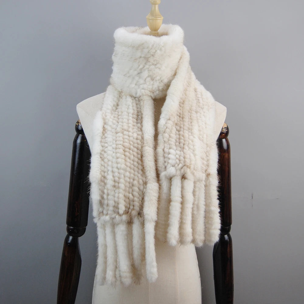 2025 Luxury Women Muffler 100% Real Mink Fur Scarf With Tassel Hand Knitted Natural Mink Scarves Neck Warmer Poncho Wholesale