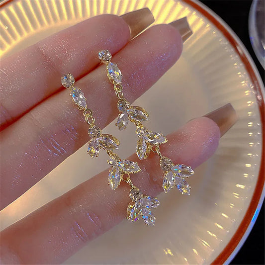 Fashion Trend Unique Design Elegant Delicate Luxurious Zirconia Leaf Tassel Earrings High Jewelry Wedding Party Gifts For Women