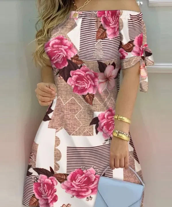 Bow Tie Striped Floral Print 
Dress Off Shoulder Mini