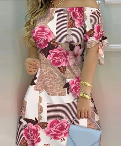 Bow Tie Striped Floral Print 
Dress Off Shoulder Mini