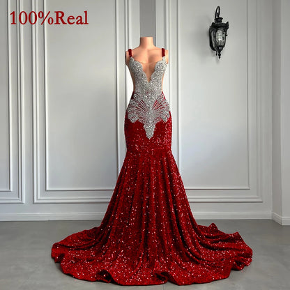 Gorgeous Long Mermaid Style Luxury Sparkly Silver Crystals Red Sequin