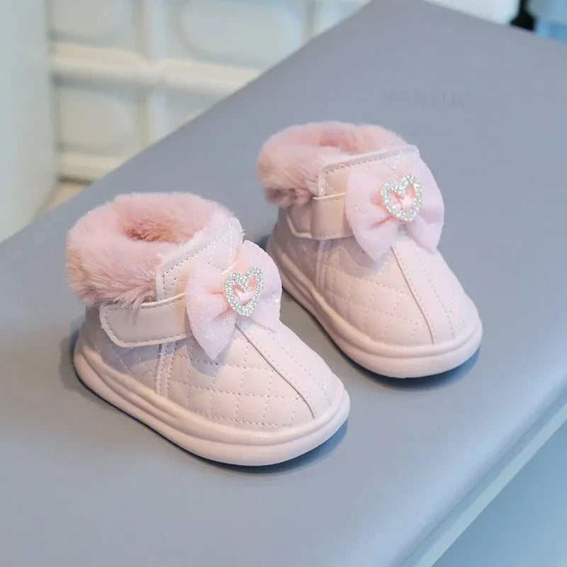 Winter Girl Baby Warm Cotton Boots Fashionable Bow Love Diamond Infant Kids Walking Shoes Cute Waterproof Boy Children Snow Boot