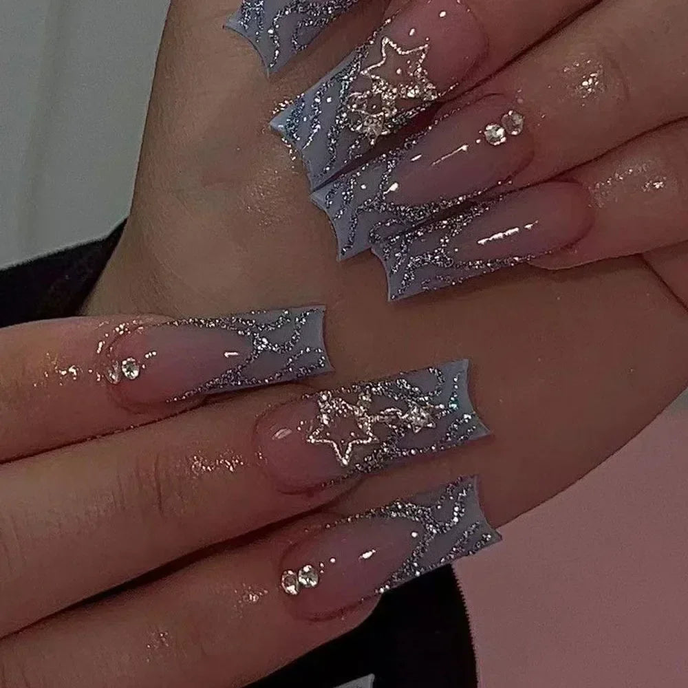 24Pcs Long Ballerina False Nails Press on Nails Serpentine Flower with Rhinestones French Fake Nails Wearable White Nail Tips