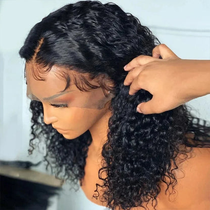 100% Brazilian Human Hair Wigs Deep Curly Bob Wig Natural Black Color Deep Wave HD Lace Front 13x4 Transparent Lace Wigs