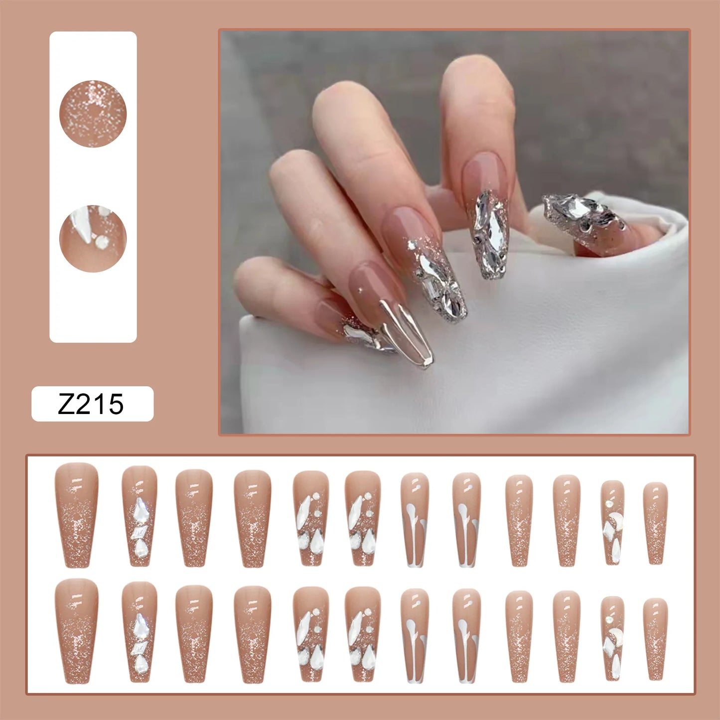 24pcs Artifical Fake Nails Long Coffin French Ballerina Wearable False Nail Tips Finished Rhinstones Flower Design Press on Nail