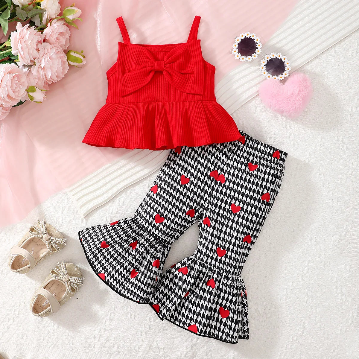 Newborn Girl Baby Summer Sleeveless Big Bow Solid Color Love Printed Pants Set 2 Pieces