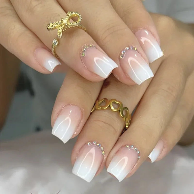 24Pcs Short Square False Nails Simple French Fake Nails Press on Nails Full Cover Nail Tips Detachable DIY Manicure